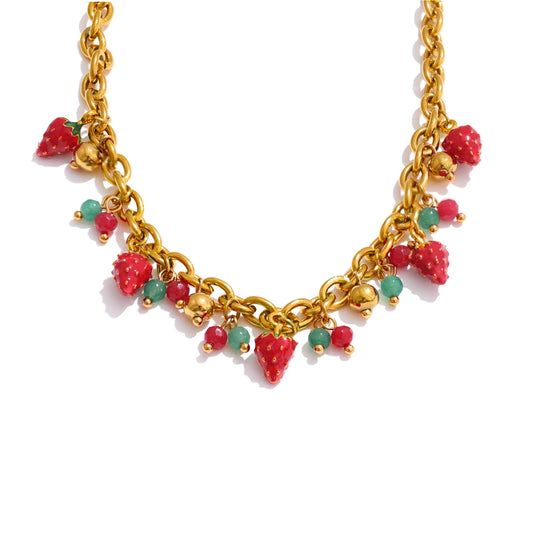 Red enamel strawberry necklace bracelet set - product image