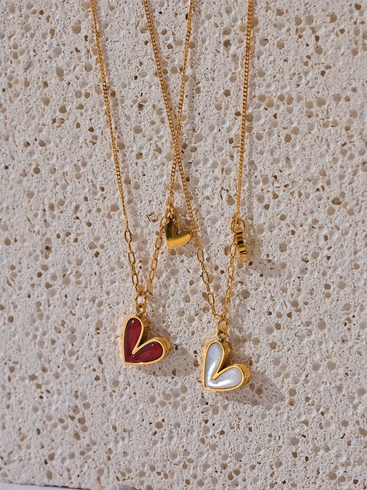 Red enamel white natural shell heart pendant necklace - product image