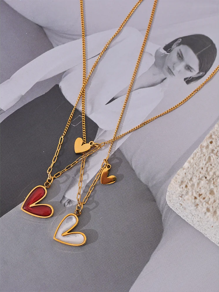 Red enamel white natural shell heart pendant necklace - product image