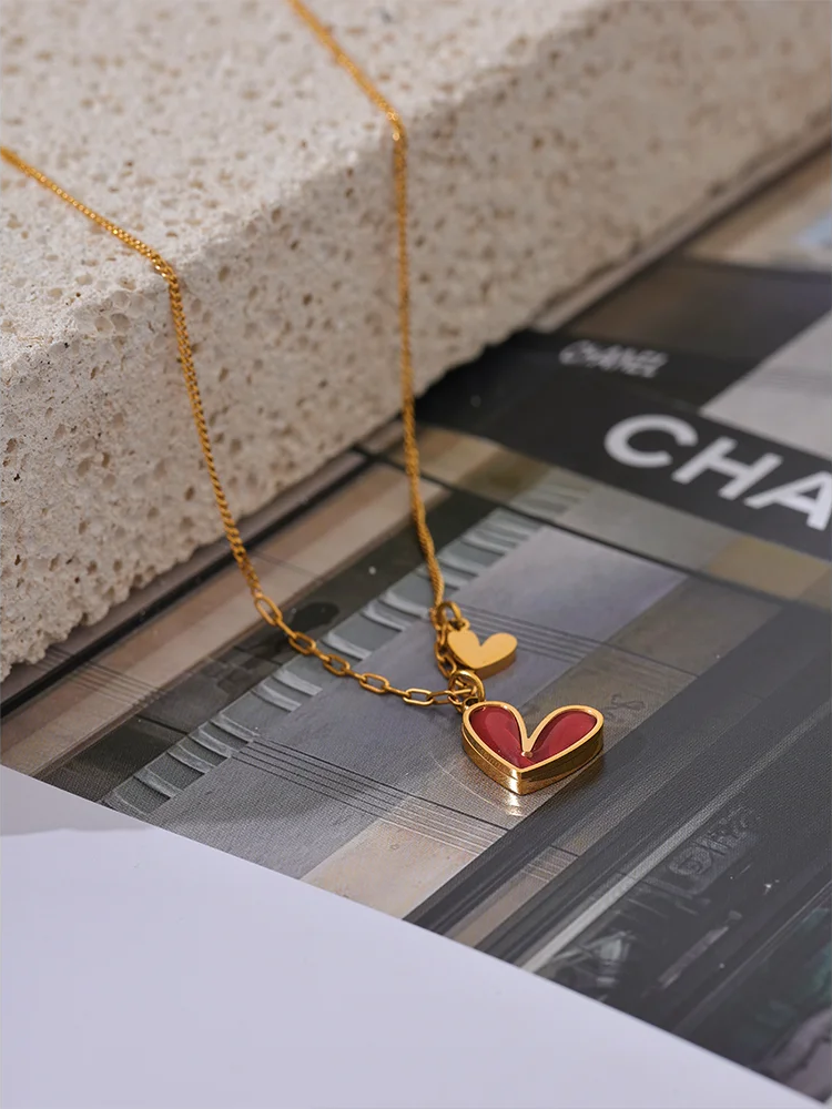 Red enamel white natural shell heart pendant necklace - product image