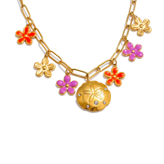 Red purple enamel flower pendant necklace - product image