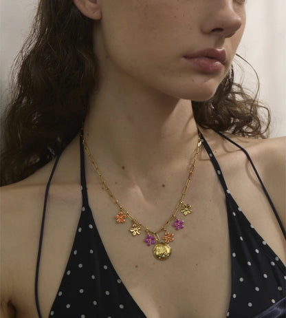 Red purple enamel flower pendant necklace - product image