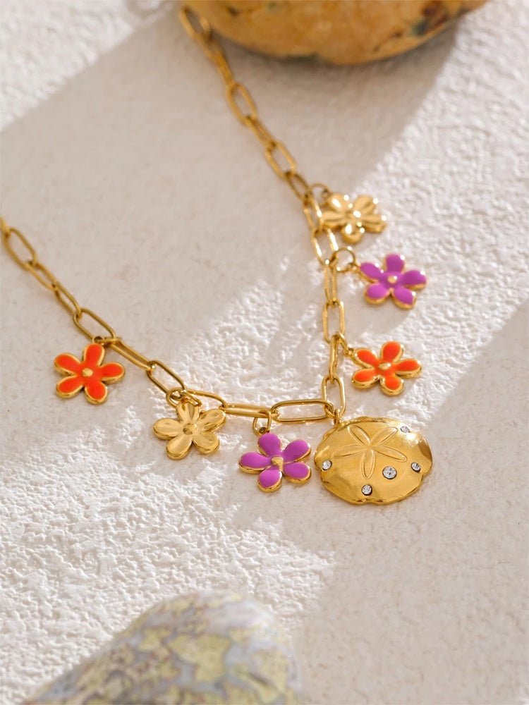 Red purple enamel flower pendant necklace - product image