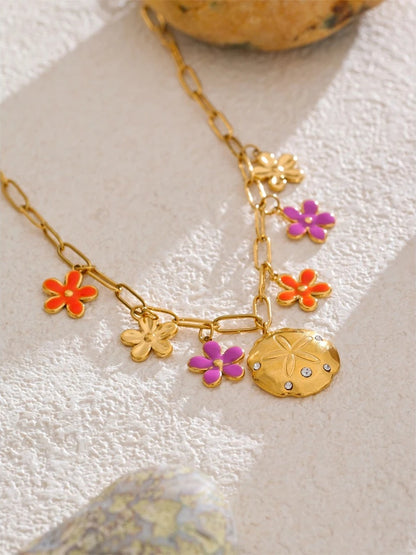 Red purple enamel flower pendant necklace - product image
