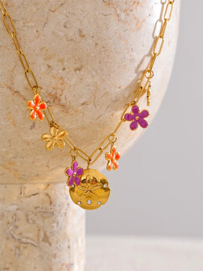 Red purple enamel flower pendant necklace - product image