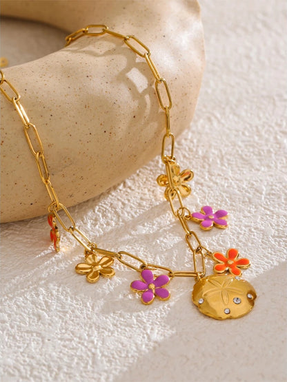 Red purple enamel flower pendant necklace - product image