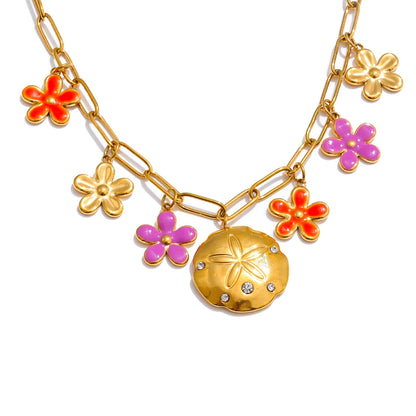 Red purple enamel flower pendant necklace - product image