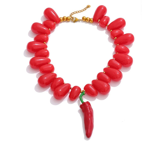 Red resin beads handmade chilli pendant necklace - product image