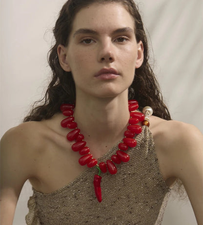 Red resin beads handmade chilli pendant necklace - product image