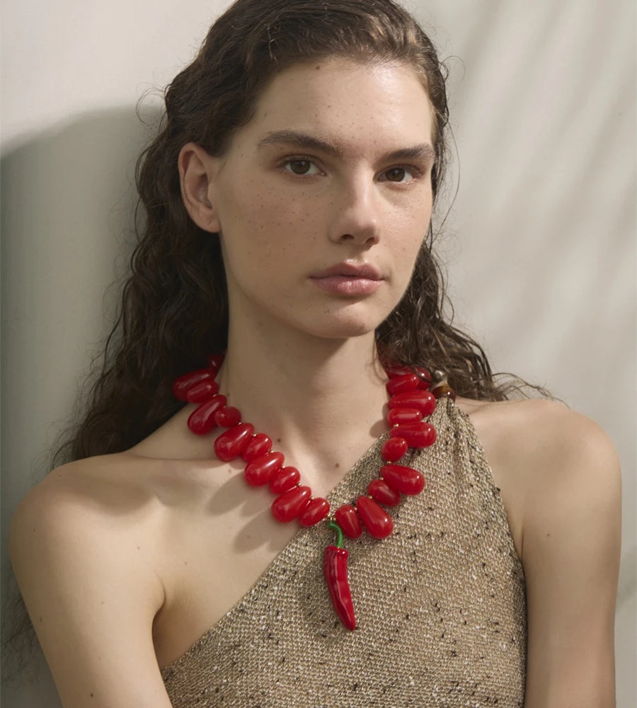 Red resin beads handmade chilli pendant necklace - product image
