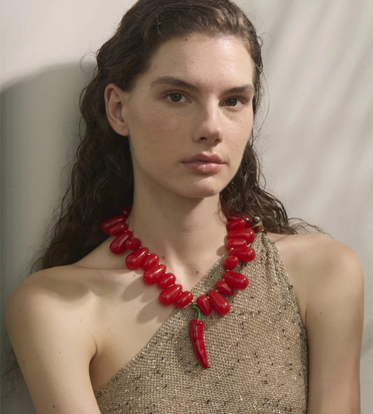 Red resin beads handmade chilli pendant necklace - product image