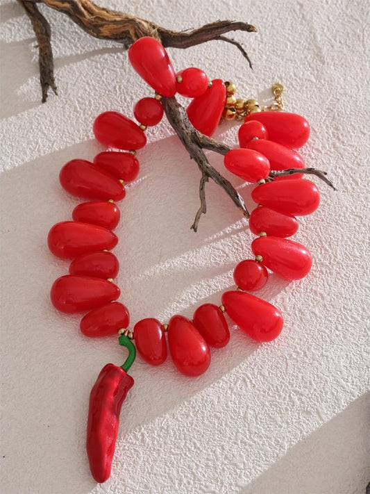 Red resin beads handmade chilli pendant necklace - product image