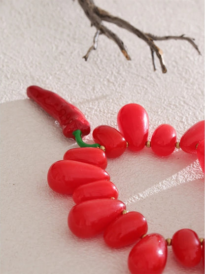 Red resin beads handmade chilli pendant necklace - product image