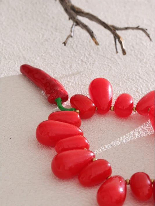Red resin beads handmade chilli pendant necklace - product image