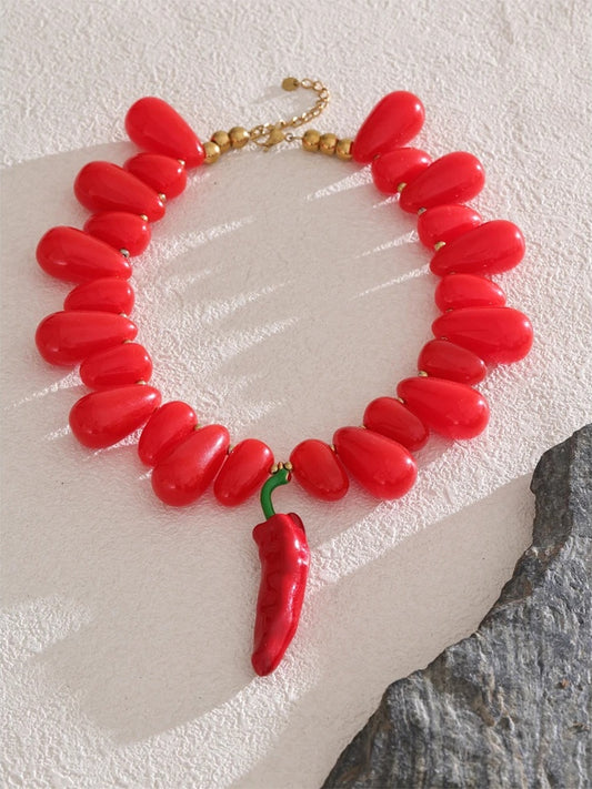Red resin beads handmade chilli pendant necklace - product image