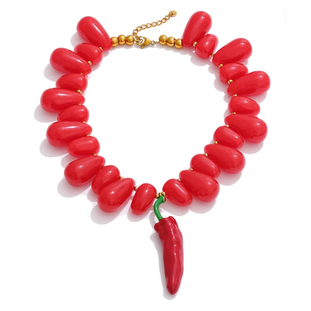 Red resin beads handmade chilli pendant necklace - product image
