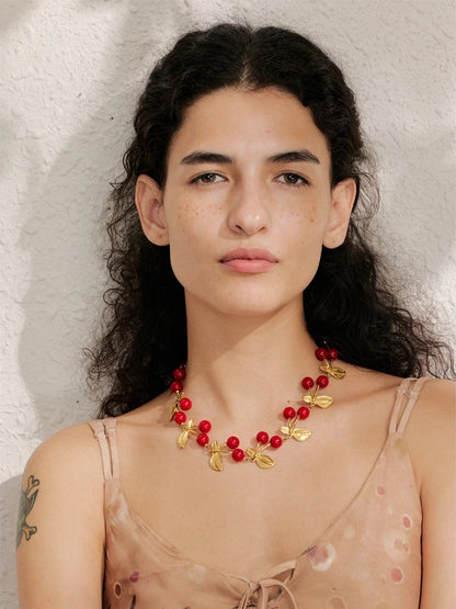 Red resin cherry charm handmade necklace - product image