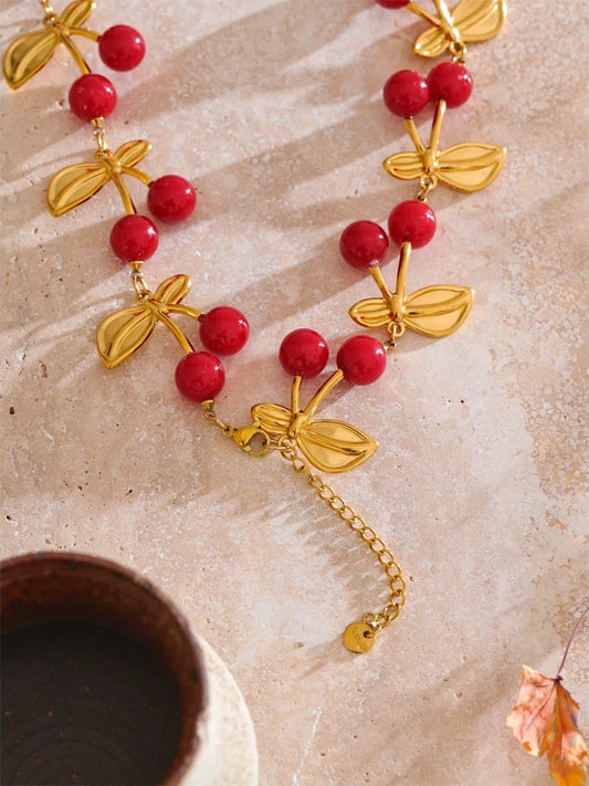 Red resin cherry charm handmade necklace - product image