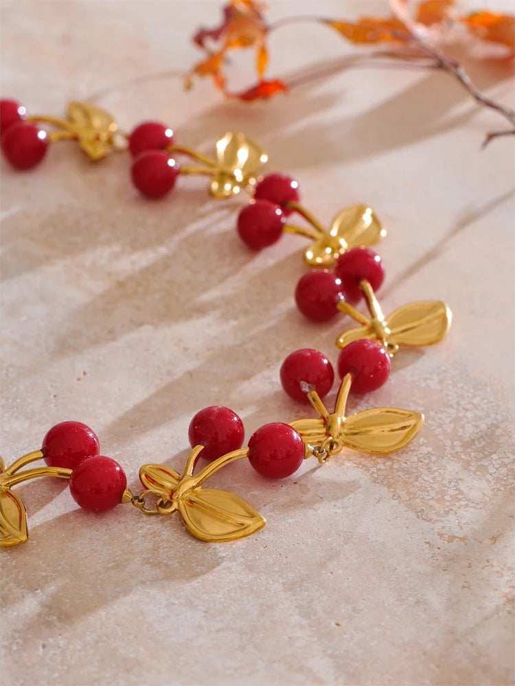 Red resin cherry charm handmade necklace - product image