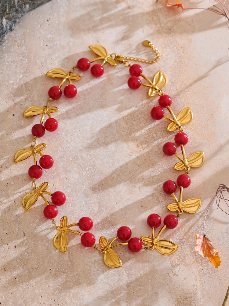 Red resin cherry charm handmade necklace - product image