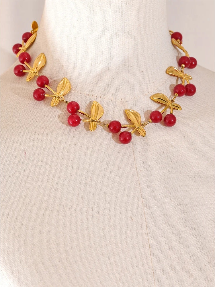 Red resin cherry charm handmade necklace - product image