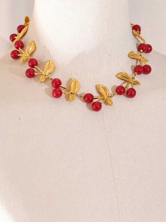 Red resin cherry charm handmade necklace - product image