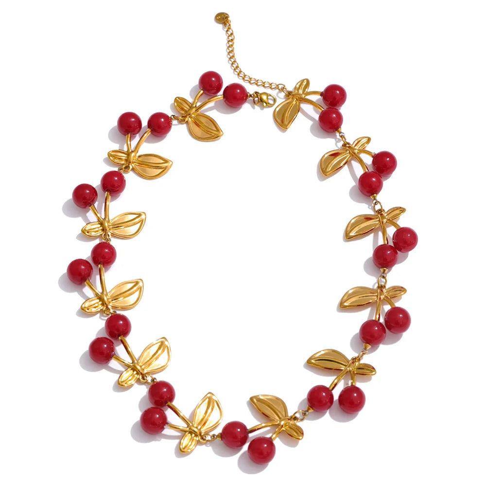 Red resin cherry charm handmade necklace - product image