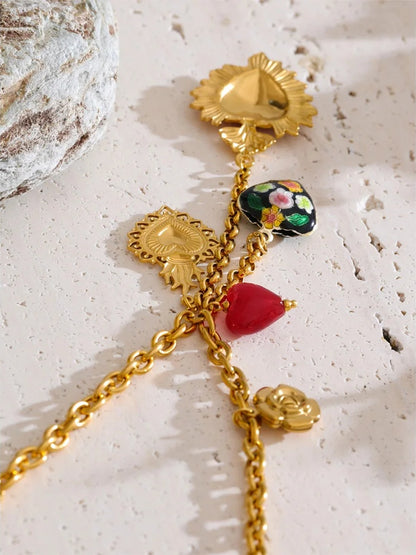 Red resin enamel flower heart pendant necklace - product image