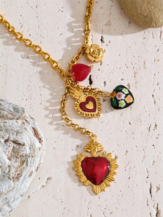 Red resin enamel flower heart pendant necklace - product image