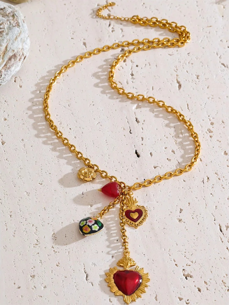 Red resin enamel flower heart pendant necklace - product image