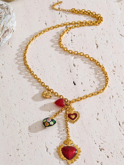 Red resin enamel flower heart pendant necklace - product image