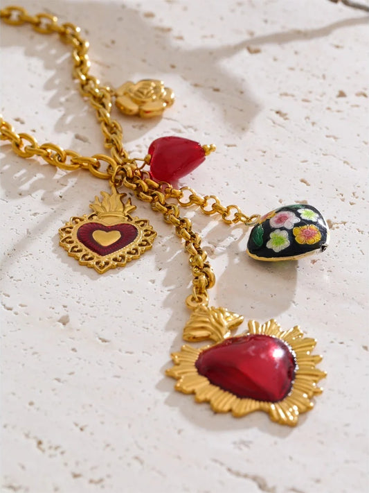 Red resin enamel flower heart pendant necklace - product image