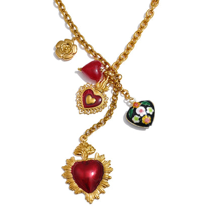 Red resin enamel flower heart pendant necklace - product image