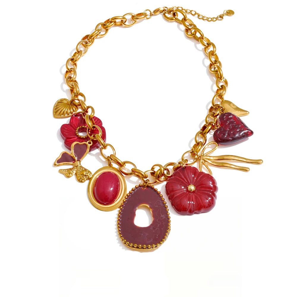 Red resin flower charm pendant necklace - product image