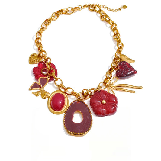 Red resin flower charm pendant necklace - product image