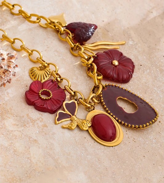 Red resin flower charm pendant necklace - product image