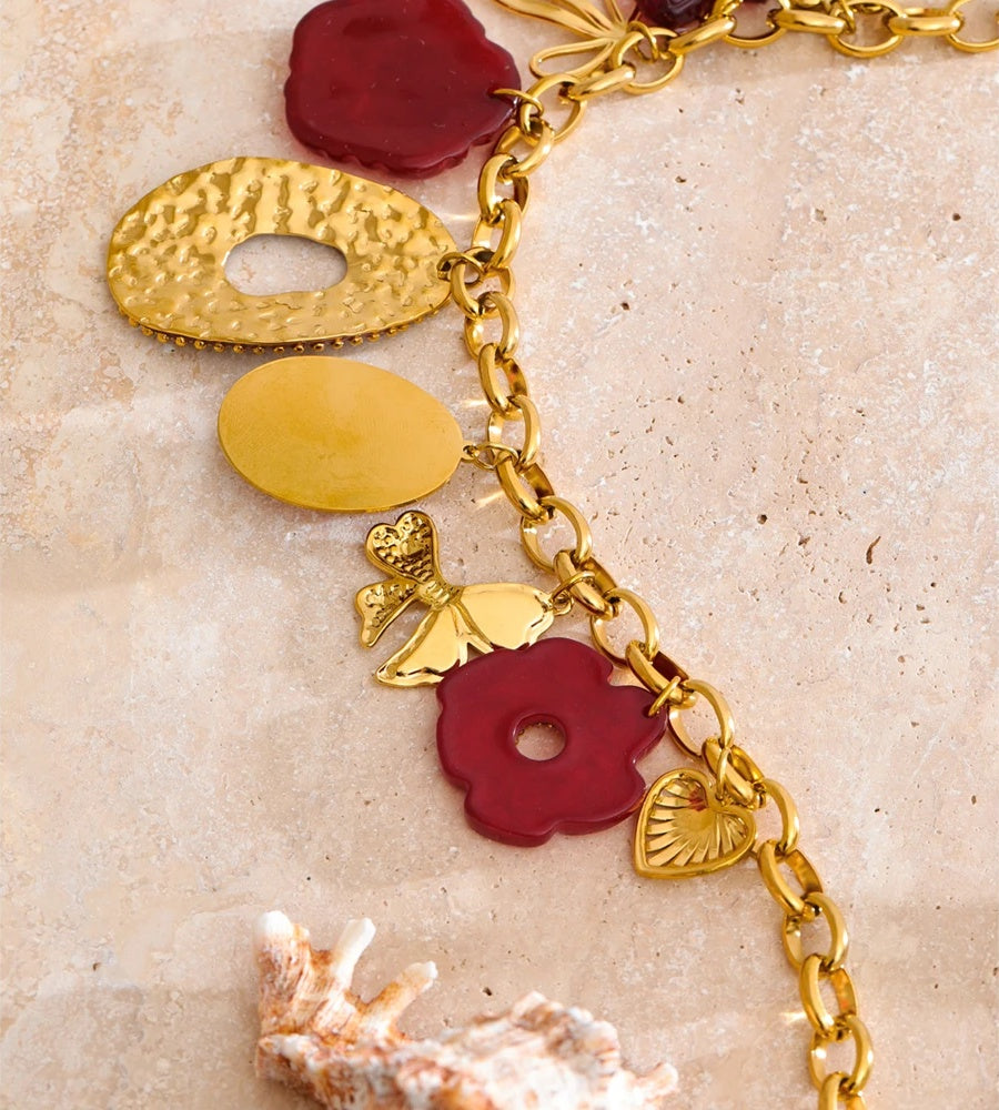 Red resin flower charm pendant necklace - product image