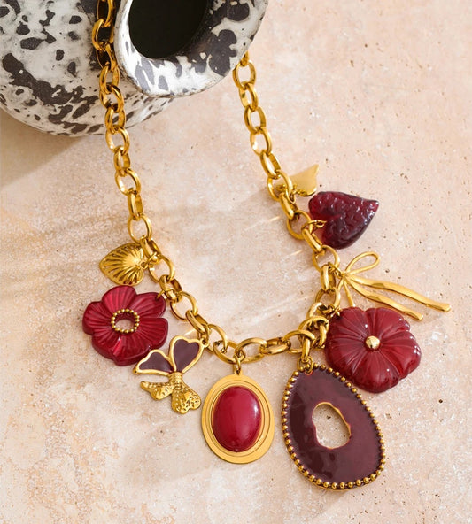 Red resin flower charm pendant necklace - product image