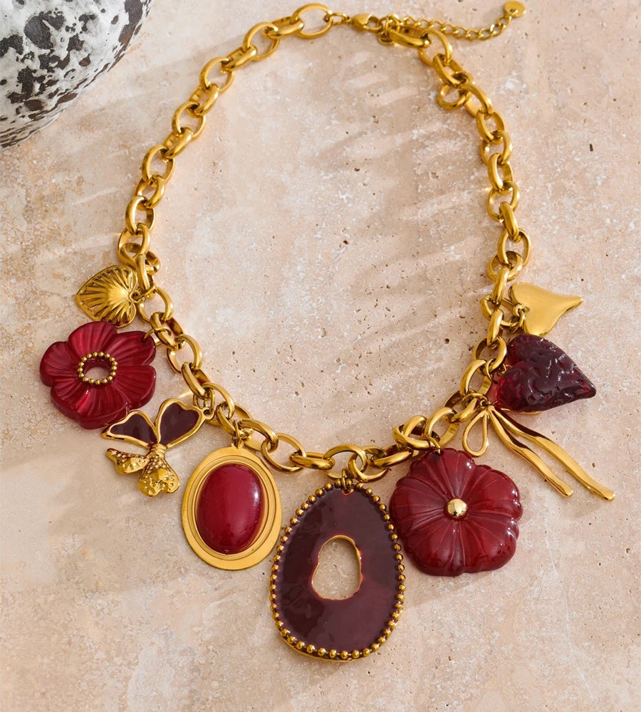 Red resin flower charm pendant necklace - product image