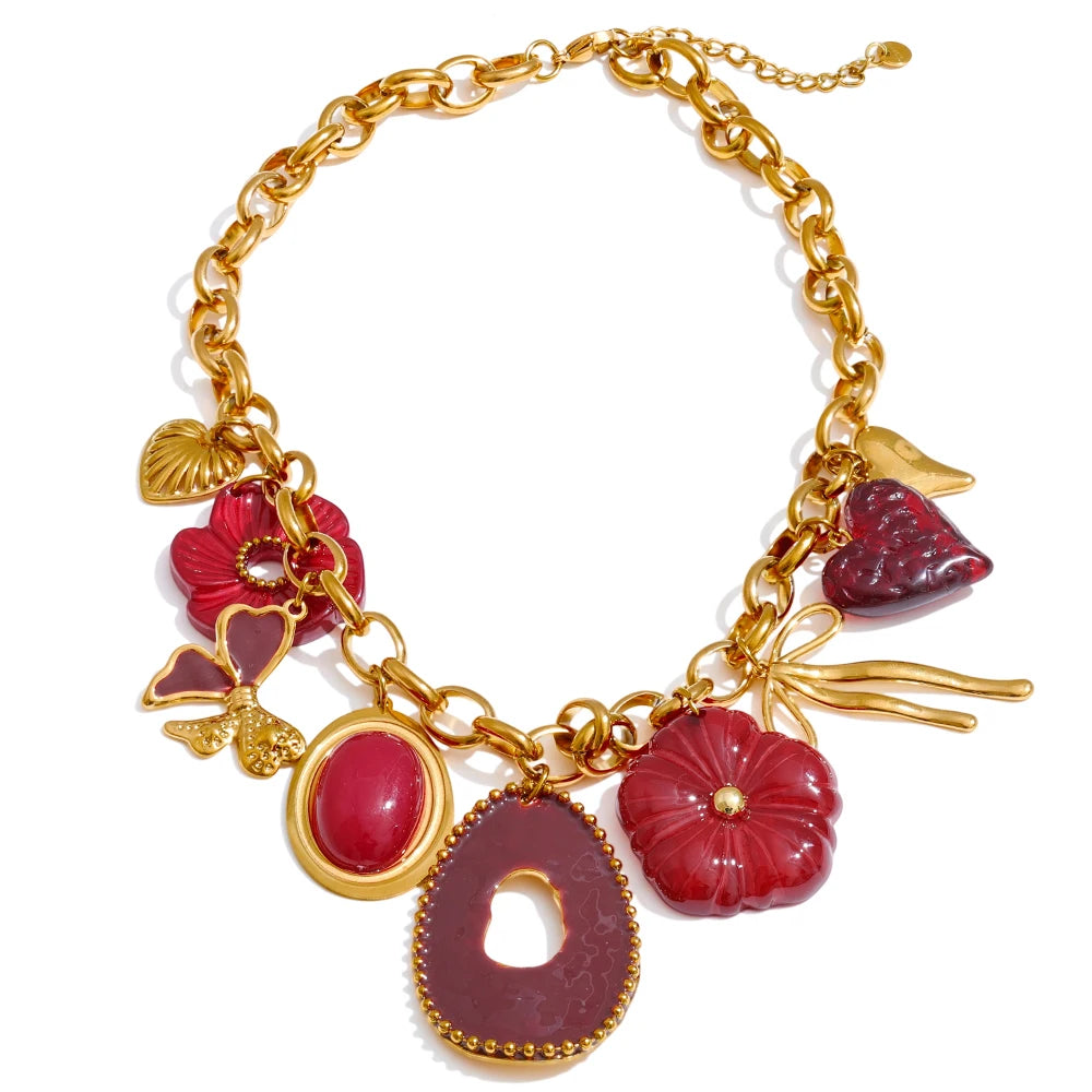 Red resin flower charm pendant necklace - product image