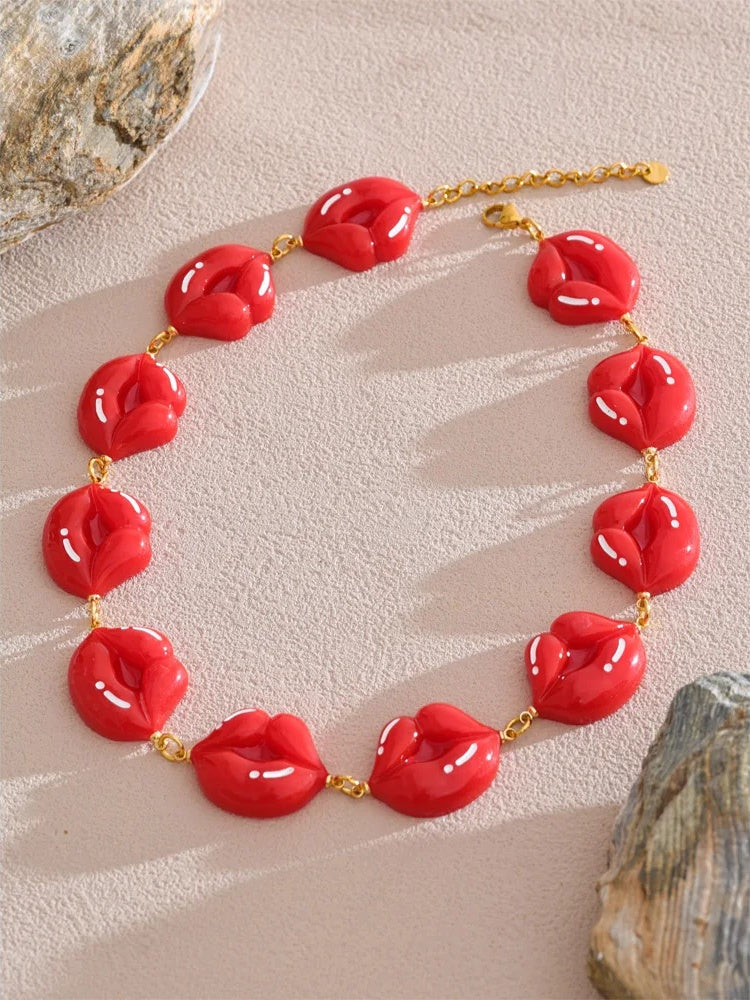 Red resin lips chain pendant necklace - product image