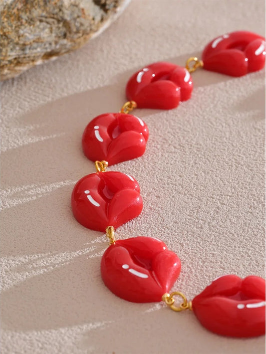 Red resin lips chain pendant necklace - product image