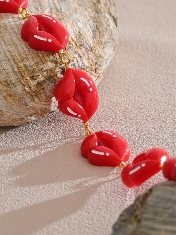Red resin lips chain pendant necklace - product image