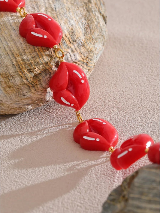 Red resin lips chain pendant necklace - product image