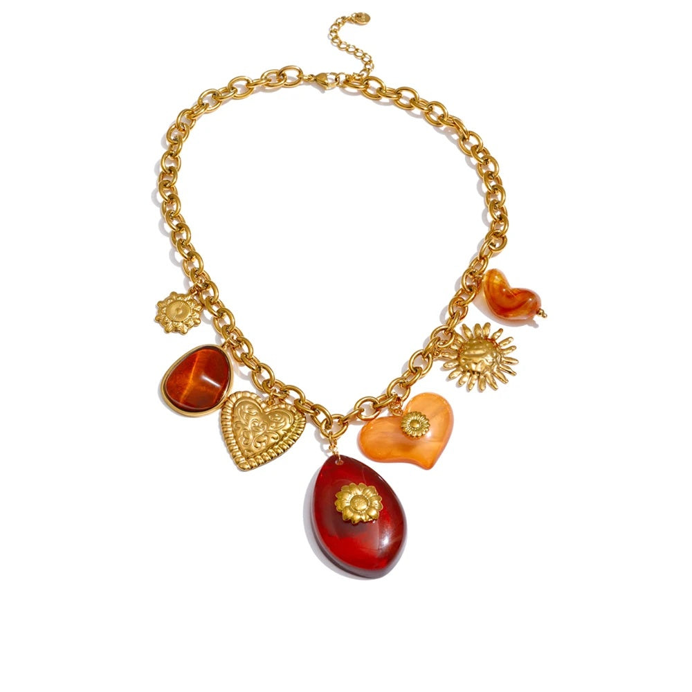 Red resin oval heart sun drop pendant necklace - product image