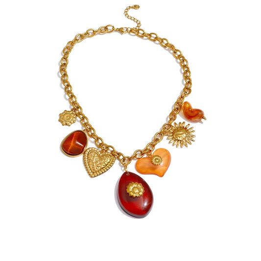 Red resin oval heart sun drop pendant necklace - product image