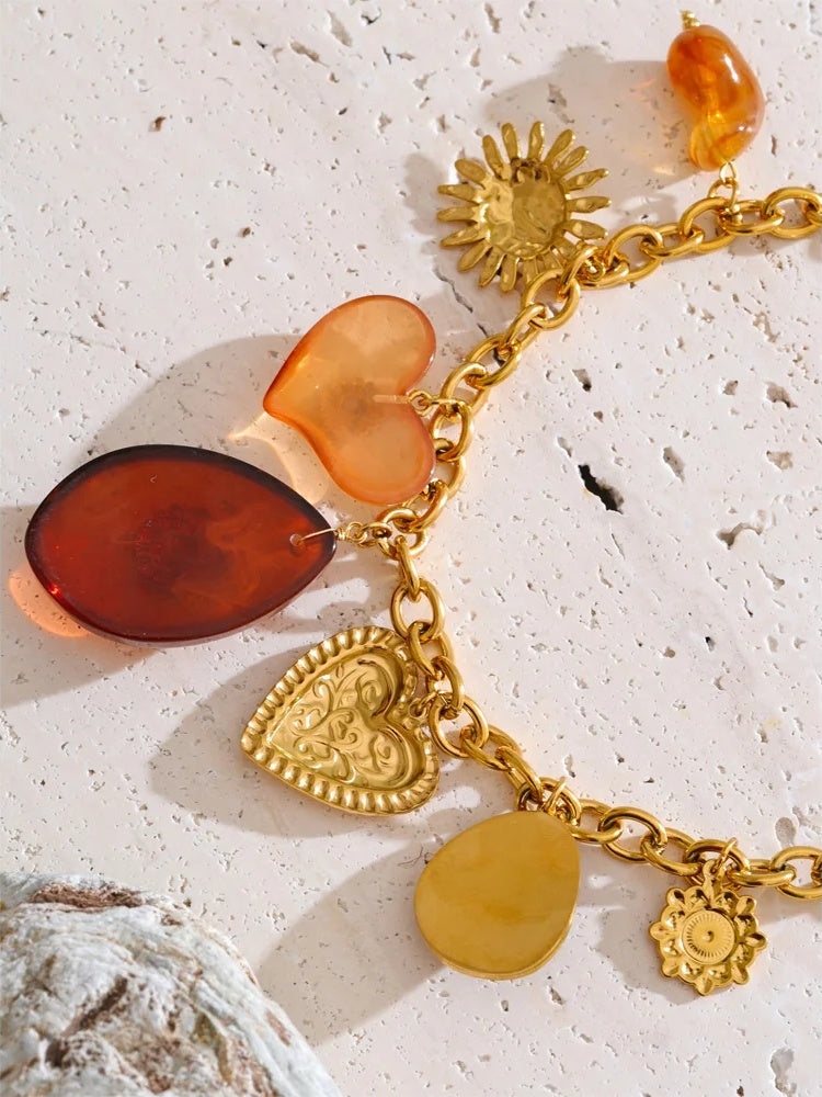 Red resin oval heart sun drop pendant necklace - product image