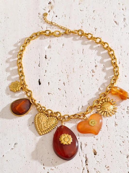 Red resin oval heart sun drop pendant necklace - product image
