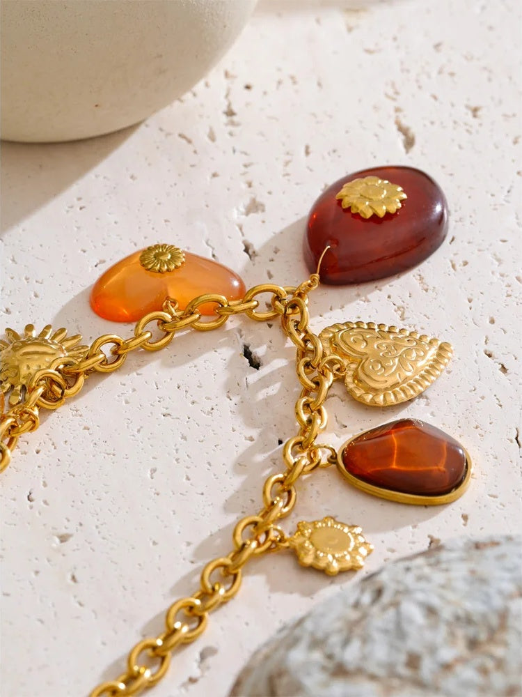Red resin oval heart sun drop pendant necklace - product image