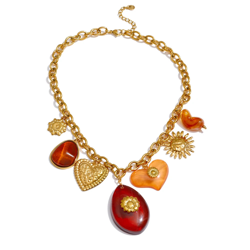 Red resin oval heart sun drop pendant necklace - product image